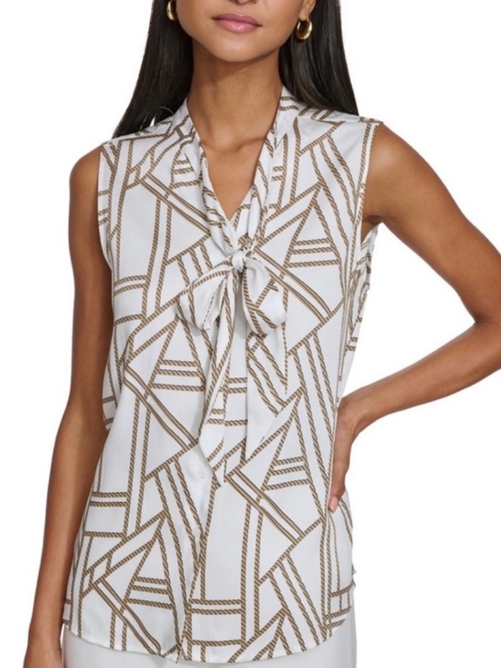 Karl Lagerfeld Geometric Rope-Print Tie-Neck Sleeveless Top - White & Brown NWOT